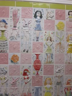 a tiled wall with many different pictures on the tile and in front of it is an image of children's toys