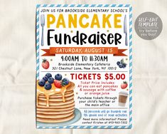 this is an image of a pancake fundraiser event poster with pancakes and berries on top