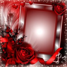 a red frame with flowers and hearts on the edges is surrounded by sparkles in the background