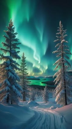 an aurora bore is seen above the snow covered trees