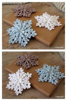 crocheted snowflakes are shown on a piece of brown paper and placed on a table