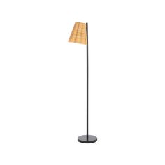 a floor lamp with a wooden shade on the top and bottom part of it's base