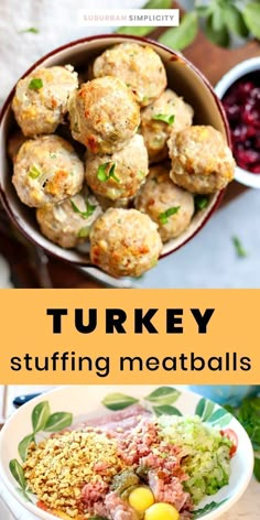 turkey stuffing meatballs with cranberry sauce in a bowl and on a plate