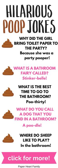 a poster with the words hilarious poop jokes written in pink and black on it