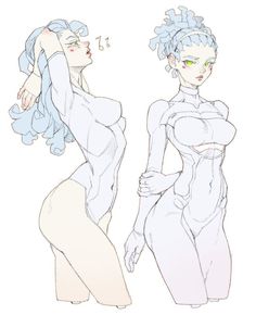 two women in different poses, one with blue hair and the other without her body