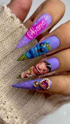 Stitch And Angel Nails Acrylic, Lilo And Stitch Nail Designs, Lilo And Stitch Nails, Best Friend Nails Ideas, Friend Nails, Disney Nail