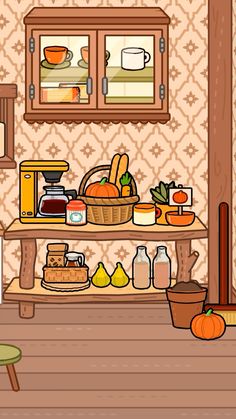 an illustration of a kitchen filled with lots of food and drinks on top of a wooden shelf