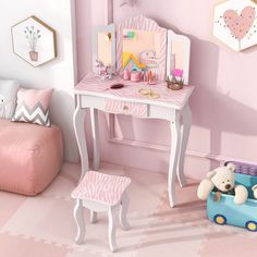 This lovely vanity set with mirror and stool is a perfect gift for your little one! Featuring cute zebra prints, this pretend play makeup table set can be an attractive addition to any kid's room or play area. The tri-folding acrylic mirror allows the child to adjust the angle flexibly to get a perfect reflection. What's more, the mirror is detachable, making the vanity table also suitable to be used as a writing desk. The wide desktop and the large drawer provide ample storage space for kids' m Toddler Makeup, Mirror Drawer, Kids Vanity Set, Girls Vanity, Mirror Drawers, Drawer Lights, Makeup Dressing Table, Dressing Table With Chair, Wooden Construction