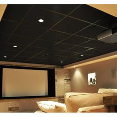 a home theater with two couches and a projector screen in the middle of the room