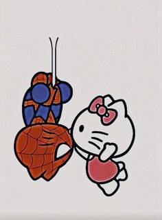 hello kitty and spider - man hanging on the wall in front of a white background