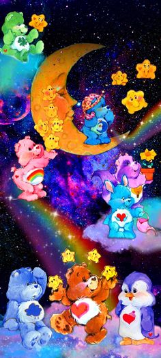 the care bears are all flying around the moon in the night sky with stars and clouds