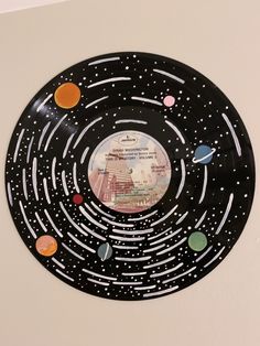 a black plate with planets on it hanging from the wall in front of a white wall