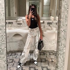 Questions? Leave A Comment Below! Silver Jeans Outfit, Silver Pants Outfit, Metallic Pants Outfit, Silver Outfits, Silver Pants, Fest Outfits, Metallic Jeans, Metallic Pants, Zara Jeans