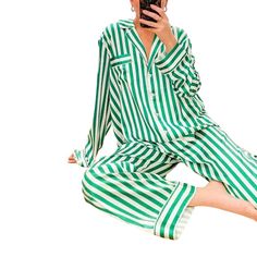 Red and Green Striped Satin Christmas Pajamas Striped Long Sleeve Sleepwear For Summer, Striped Pajamas, Stylish Pajamas, Button Up Pajamas, Womens Christmas Pajamas, Girly Christmas, Satin Button Up, Satin Long Sleeve, Top And Pants Set