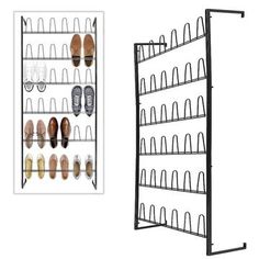 a shoe rack with several pairs of shoes hanging on the wall next to each other