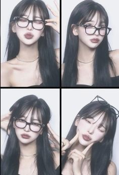 four pictures of a woman with glasses and long black hair, posing for the camera