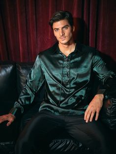 Dark Green Party Collar Long Sleeve Satin Plain Top Embellished Non-Stretch  Men Tops Silk Outfits Men, Silk Shirts For Men, Green Blouse Outfit, Drawing Items, Satin Shirt Men, Green Silk Shirt, Black Satin Shirt, Dark Green Blouse, Victorian Shirt