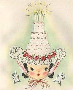 a drawing of a girl wearing a birthday hat with candles on it's head