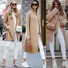 Camel Coat Outfit, White Jeans Outfit, Beige Coat, City Outfits, Coat Outfits, Street Style Outfit, Outfit Idea, Fall Winter Outfits