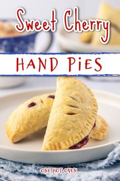 A white plate with cherry handpies. Hand Pies Recipes, Homemade Cherry Pie Filling, Fruit Hand Pies, Homemade Cherry Pie, Cherry Pie Filling Recipes, Homemade Cherry Pies, Pie Dough Recipe