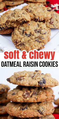 soft and chewy oatmeal raisin cookies stacked on top of each other