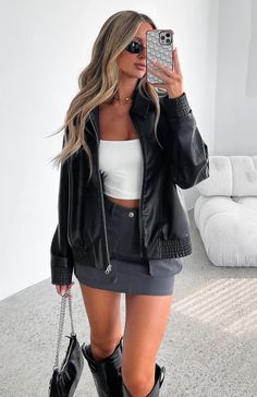 Make Things Right PU Bomber Jacket Black | White Fox Boutique USA Denim Outfits, Bar Outfits, Looks Pinterest, Bar Outfit, Looks Party, Dinner Outfits, White Fox, Going Out Outfits, Make Things