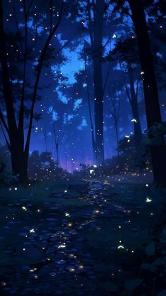 a night scene with fireflies flying in the sky over a path through a forest