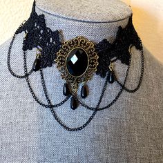 New Victorian Style Lace & Cabochon Choker 12.5” Inches With 2.5” Inch Extension Soft Breathable Lace Victorian Gothic Jewelry, Victorian Choker, New Victorian, Victorian Gothic, Gothic Jewelry, Victorian Style, Victorian Fashion, Womens Jewelry Necklace, Black And Brown