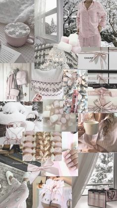 a collage of pink and white items