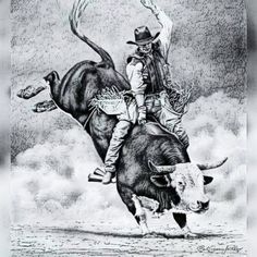 a drawing of a man riding on the back of a bull