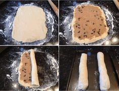 four images show the process of making bread dough for buns, and then adding them to an uncooked roll