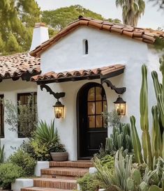 a white stucco house with cactus and succulents around the front porch area