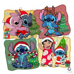 four different cartoon characters with christmas decorations