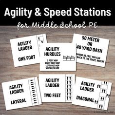 four signs with the words agility and speed stations for middle school pe