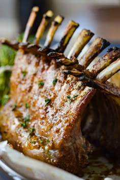 a close up of a plate of food with meat