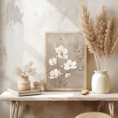 a white vase filled with flowers sitting on top of a table next to a wall