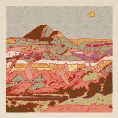 an image of a mountain range in red and orange colors with the sun above it