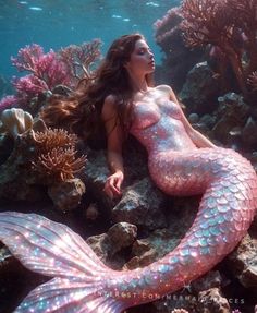 a beautiful mermaid sitting on top of rocks under water