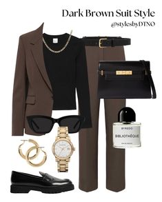 Fall Outfit Capsule, Dark Brown Blazer Outfit, Loafers Outfit Work, Brown Belt Outfit, Byredo Perfume, Brown Blazer Outfit, Outfit Capsule Wardrobe, Outfit Capsule, Ysl Shoulder Bag