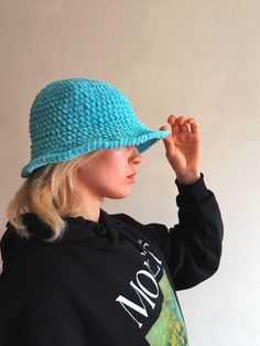 Handmade crochet bucket hat in soft acrylic yarn in blue bubble gum color. Comfy and keeps warm. Product size: 54-56см head girth.  Before ordering, please make sure that this item is the right size for you. Color: blue bubble gum ( color discrepancies may occur due to different monitor settings). Gender: unisex. Suitable for seasons: warm winter, spring and autumn. Material: supersoft acrylic yarn. Product care- machine washable, cool wash-30o, do not iron, do not tumble dry, do not chloride bl Blue Bucket Hat, Kangol Hats, Animal Print Earrings, Denim Bucket Hat, Crochet Bucket, Crochet Bucket Hat, Blue Crochet, Rainbow Beads, Bohemian Floral