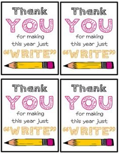 four thank cards with pencils and writing on them