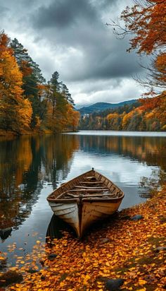 a boat sitting on the shore of a lake surrounded by fall colored trees and leaves