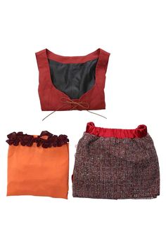 three pieces of clothing are shown in three different colors and sizes, one is red, the other has orange