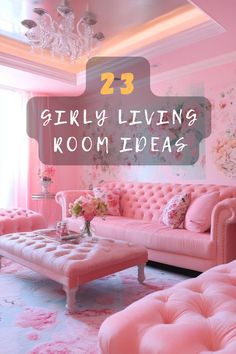 a living room with pink couches and chandelier in the corner, on top of carpeted flooring