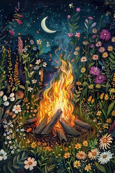 a painting of a fire in the middle of a field with flowers and stars on it