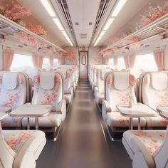 an empty train car with pink flowers on the walls and seats in front of it