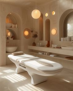 a bath room with two sinks and a large mirror on the wall next to it