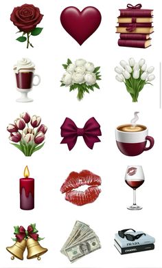 a bunch of different items that are in the shape of flowers and hearts on a white background