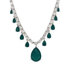 Discover timeless beauty with the Fonteyn Colombian Emerald Statement Necklace in Silver. This necklace is adorned with shimmering simulated diamonds that run its entire length. The centrepiece is a magnificent teardrop-shaped lab-grown Colombian emerald, surrounded by five graduated teardrop emeralds on each side, creating a stunning display of colour and sparkle. This necklace provides a perfect blend of sophistication and wearability. The Colombian emerald, with its rich green colour, symboli Emerald Statement Necklace, August Birthstone Jewelry, July Birthstone Jewelry, Silver Necklace Statement, Colombian Emeralds, Zodiac Jewelry, Jewelry Ring Box, Rich Green, Pearl Jewellery Earrings