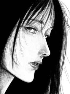 a black and white drawing of a woman's face